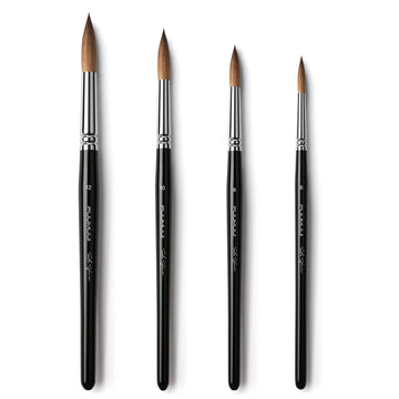 Fuumuui Ultimate Kolinsky paint brushes in individual sizes 12, 10, 8, and 6, featuring black handles and silver ferrules, designed for precision, snap, and control.