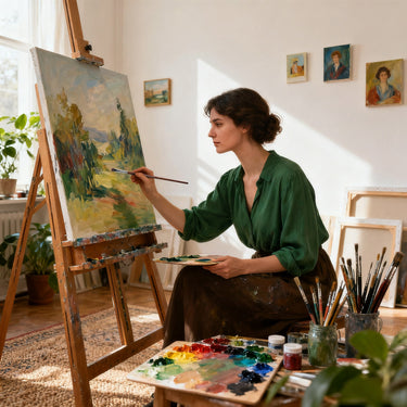 Artista che dipinge un vivace paesaggio con forniture artistiche FUUMUUI, utilizzando un pennello filbert con setole di tasso e manico in legno marrone per pittura a olio e acrilico su tela.