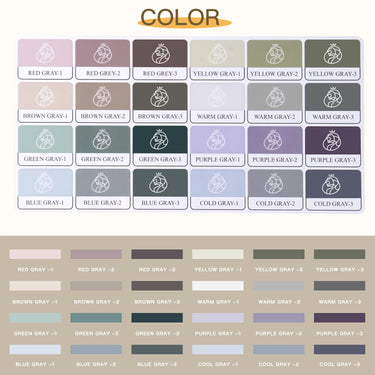 Fuumuui 24-color opaque semi-solid watercolor paint set color chart displaying muted and greyed shades, including red, brown, green, blue, yellow, warm, purple, and cold grays.