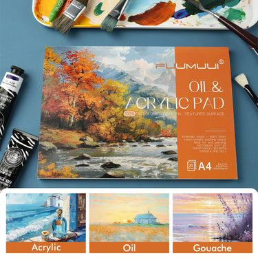 Fuumuui Acrylic and Oil Painting Pads A4-20 Sheets, suitable for students, beginners, professional painters, featuring an autumn landscape cover, paint tubes, and examples of acrylic, oil, and gouache artwork.