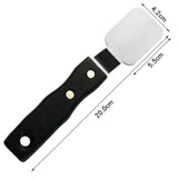 Spatola Fuumuui Art Supplies in acciaio inossidabile con manico in legno nero, che misura 20 cm di lunghezza totale e una lama piatta di 4,2 cm x 5,5 cm, ideale come spatola per colori a olio e acrilici.