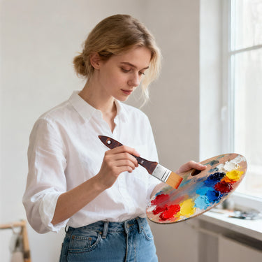 Blonde Künstlerin mischt bunte Farben auf einer Holzpalette mit einem Fuumuui 30mm Flachpinsel aus dem Fuumuui Vielseitigen Flachpinselset, wobei hochwertige synthetische Borsten und Holzgriffe für Kunstbedarf hervorgehoben werden.