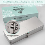 Set di acquerelli portatile a 50 colori Fuumuui, che mostra la sua confezione premium e la resistente custodia in metallo con una chiusura sicura, ideale per l'arte in movimento.