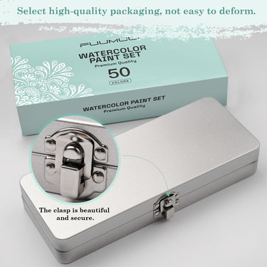 Set di acquerelli portatile a 50 colori Fuumuui, che mostra la sua confezione premium e la resistente custodia in metallo con una chiusura sicura, ideale per l'arte in movimento.