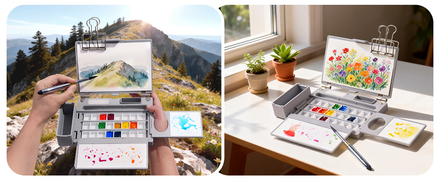 Travel watercolor paint set with a travel pocket brush. Professional artist using a multi-functional plastic travel palette and 100% cotton cold press paper for plein air landscapes and floral watercolor paintings.