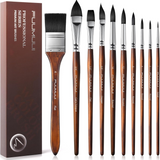 Set di 10 pennelli per acquerello Fuumuui in morbido pelo sintetico di scoiattolo con punte piatte, ovali (lingua di gatto), a daga, rotonde e di dettaglio con manici ergonomici in legno. Forniture artistiche Fuumuui premium per artisti professionisti.