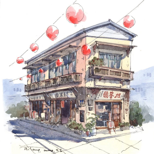 Vibrant urban sketch of a traditional building with red lanterns, painted with a professional watercolor paint set and detail brush on textured cold press paper for professional artists and beginners.