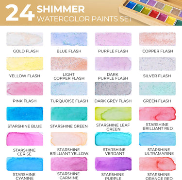 Color swatch chart displaying 24 shimmer and metallic watercolor paint shades with glitter finish.