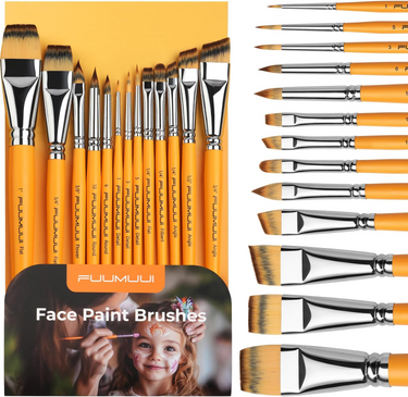 Fuumuui 13pcs Face and Acrylic Painting Brushes set featuring various shapes: flat, angle, round, detail, and filbert, perfect for artists and face painting.