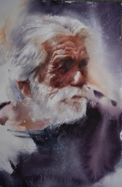  Watercolor portrait titled Blessed Are the Meek featuring a bearded elderly man by Coral.
