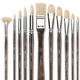 Fuumuui 11pcs professional natural hog bristles paint brush set with various shapes and dark wood handles.