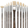 Fuumuui 11pcs professional natural hog bristles paint brush set with various shapes and dark wood handles.