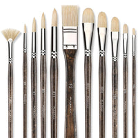 An 11-piece set of natural hog bristle art brushes in various shapes including filbert, flat, and round for painting.