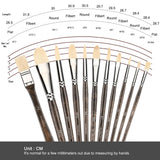 Fuumuui 11pcs Professional Natural Hog Bristles Paint Brush Set showing various shapes including Flat, Filbert, Round, and Fan with size and type markings.