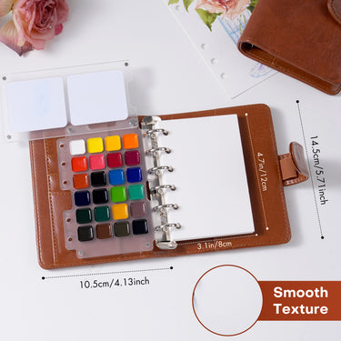 Dimensions and details of Fuumuui watercolor travel sketchbook with leather cover and 24 paint palette.
