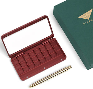 Fuumuui 24-well aluminum paint palette in burgundy red with metallic travel brush and box.