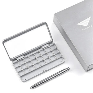 Fuumuui 24-well aluminum paint palette in glacier silver with metallic travel brush and box.