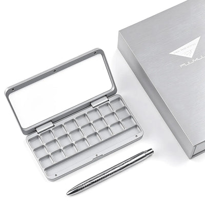 Fuumuui 24-well aluminum paint palette in glacier silver with metallic travel brush and box.