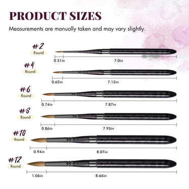 Fuumuui Kolinsky sable watercolor brush size guide for round brushes (#2-#12), showing detailed measurements.