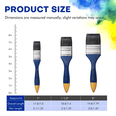 Product size chart with dimensions for Fuumuui & Fausto Sutera squirrel hair flat watercolor brushes.
