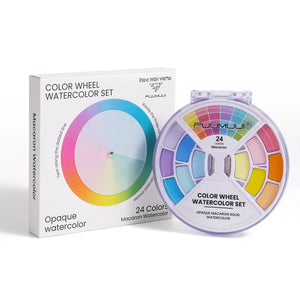Fuumuui Color Wheel Watercolor Set featuring a round 24-macaron solid watercolor palette next to its product box.