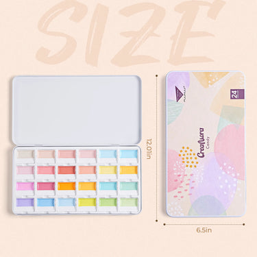 Dimensions of 12.01x6.5 inch for 24 candy colors opaque semi-solid watercolor paint tin palette.