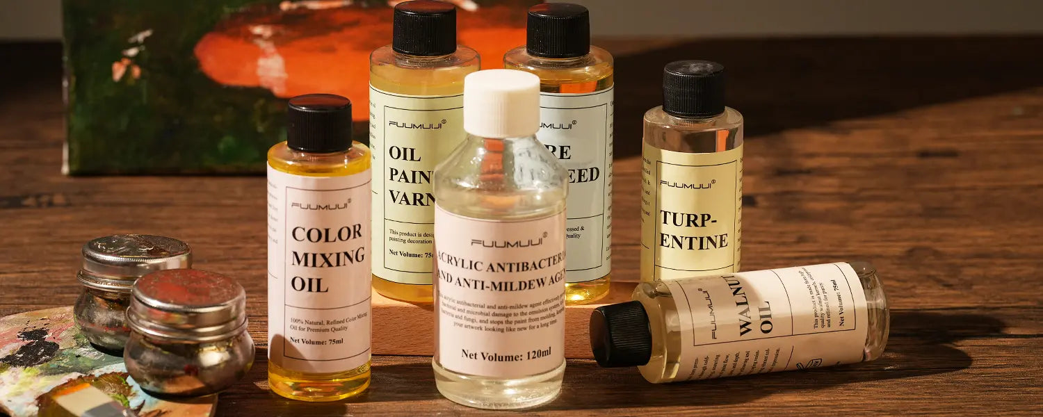 Various Fuumuui oil mediums including artist grade turpentine, walnut oil, and varnish.