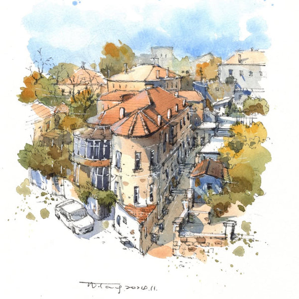 Urban architectural sketch on 100% cotton cold press watercolor paper. Vibrant watercolor paint set pigments applied with a professional watercolor brush and detail brush, perfect for professional artist inspiration.