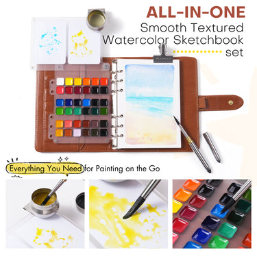 All-in-one watercolor sketchbook set featuring a 36-color semi-solid palette and travel brush in action.