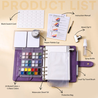 All included accessories of Fuumuui 36-color watercolor travel sketchbook purple large set laid out.