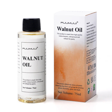 Fuumuui 75ml cold pressed walnut oil bottle next to its original orange product packaging box.