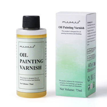Fuumuui 75ml oil painting gloss varnish bottle next to its green product packaging box.