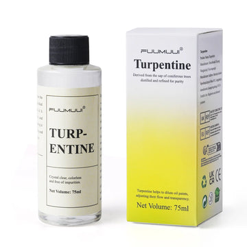 Fuumuui 75ml artist grade turpentine bottle next to its yellow product packaging box.