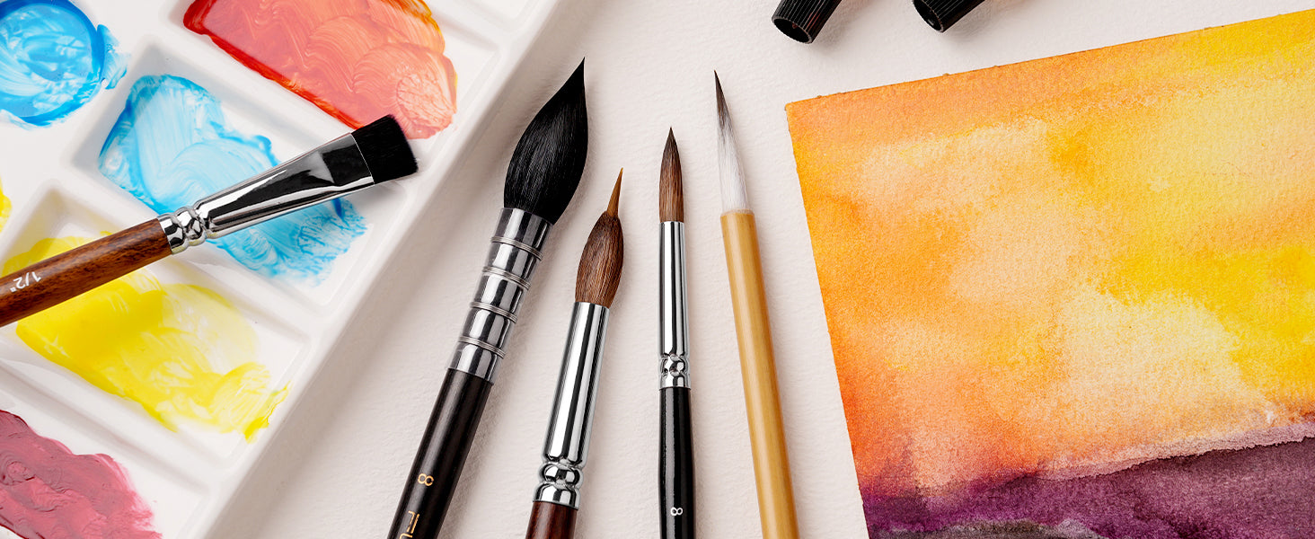 Professional 5pcs Watercolor Brush Set including Squirrel Hair mop, Kolinsky Sable round size 8, 1/2 inch flat, and Chinese Calligraphy brush for washes and details on cold press paper with a paint palette.