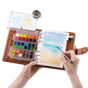 Fuumuui Watercolor Travel Sketchbook Set – Dual-Tip Travel Brush, Paints and 100% Cotton Paper with PU Leather Cover(Large)