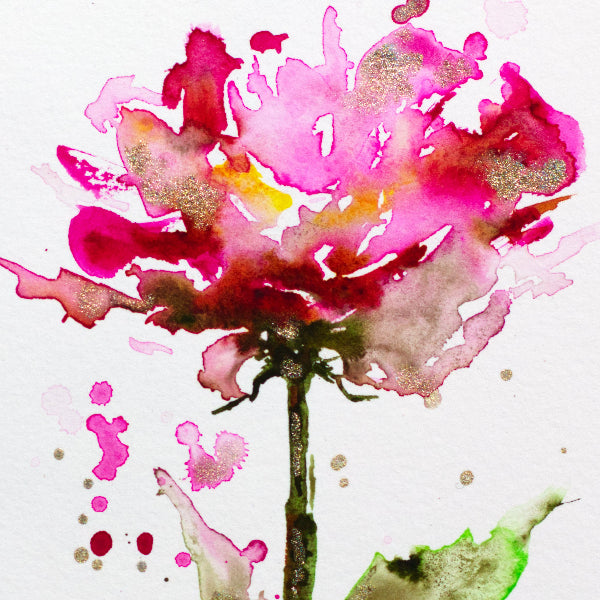 Vibrant pink flower painted with professional watercolor paint on 100% cotton cold press paper featuring gold glitter accents, ideal for professional artists and beginners.