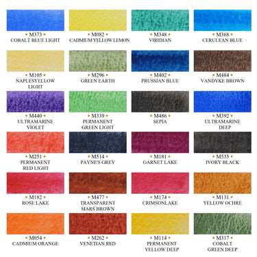 Fuumuui 24-color watercolor paint tube set color chart, displaying a full spectrum of vibrant pigments for artists.