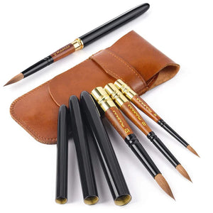 Fuumuui 3-piece sable travel watercolor brush set with retractable black caps and a brown leather carrying case.