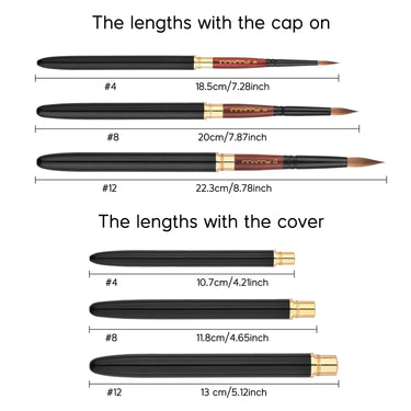 Dimensions des pinceaux aquarelle de voyage Fuumuui en martre zibeline, détaillant les longueurs étendues avec le capuchon et les longueurs compactes avec le couvercle pour les tailles de pinceaux #4, #8 et #12.