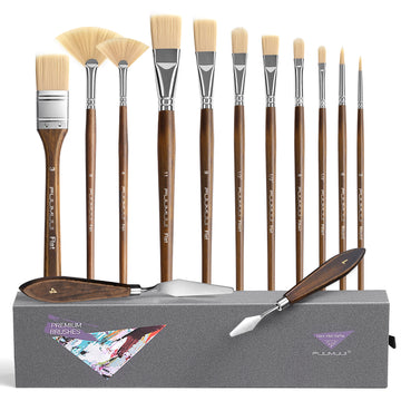 Fuumuui 13pcs Professional Synthetic Hog Bristles Paint Brush Set with 2 Palette Knives, Artist Paint Brushes for Canvas Oil & Acrylic Painting
