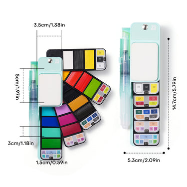 Size dimension chart showing compact folded and open states of Fuumuui 25-color cocktail watercolor set.