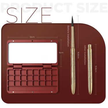 Dimensions chart for Fuumuui 24-well aluminum paint palette burgundy red and travel brush.