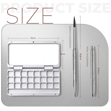 Dimensions chart for Fuumuui 24-well aluminum paint palette glacier silver and travel brush.