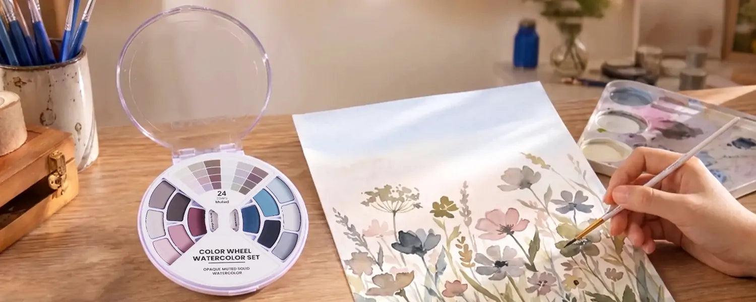 Artist using Fuumuui Color Wheel Watercolor Set with 24 muted paints for floral sketching.