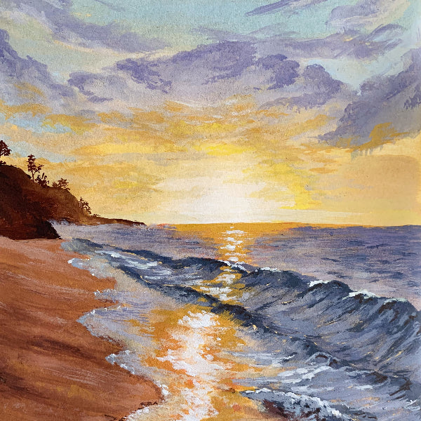 Vibrant beach sunset painting using Gouache and Watercolor Paint on 100% Cotton Cold Press 140lb paper. Detailed ocean waves and golden clouds, demonstrating professional-grade pigments for artists and beginners.