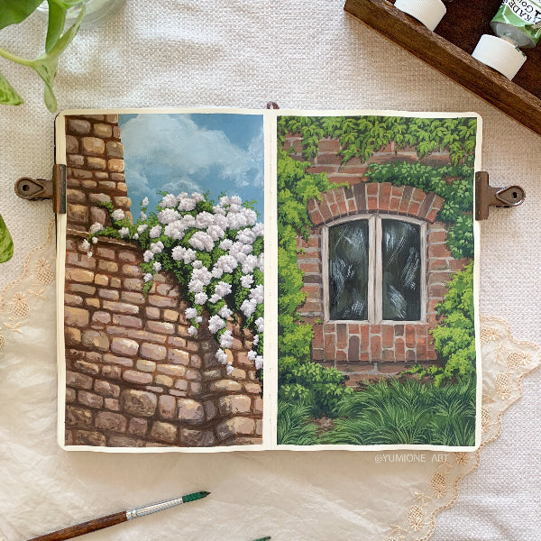 Gouache landscape paintings in a watercolor sketchbook of a brick wall and ivy window. Includes a synthetic nylon detail brush and professional gouache paint for beginners and professional artists.