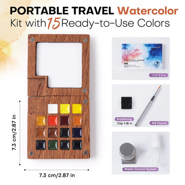 Fuumuui Portable Travel Watercolor Kit with 15 Ready-to-Use Colors