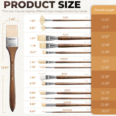 Product size chart showing handle lengths and head dimensions for the 16pcs hog bristle paint brush set.