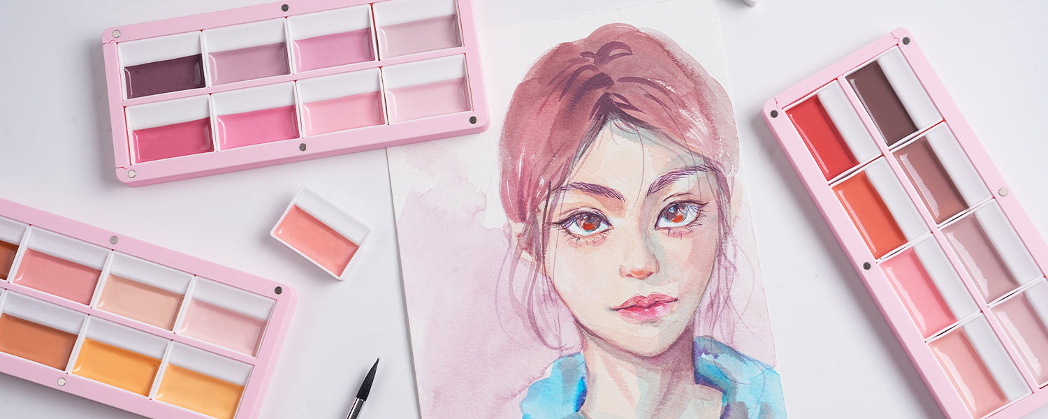 A girl's portrait painted with Fuumuui 3-Layer Light Pink Magnetic Palette with Warm Terracotta Paints.