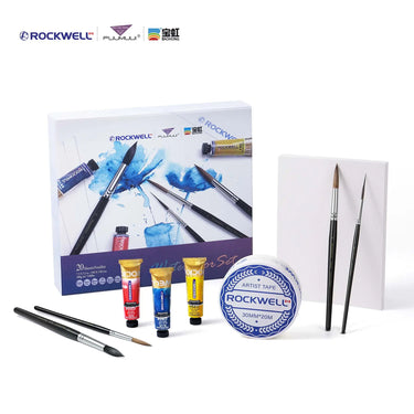 FUUMUUI × ROCKWELL × BAOHONG watercolor artist set featuring tube paints, paper, tape, and brushes.